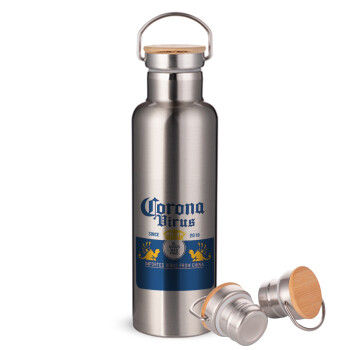 Corona virus, Stainless steel Silver with wooden lid (bamboo), double wall, 750ml