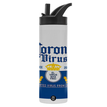 Corona virus, Metallic thermos bottle with straw & handle, stainless steel (Stainless steel 304), double-walled, 600ml.