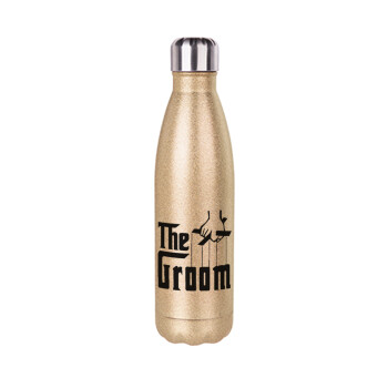 The Groom, Glitter gold stainless steel thermos bottle, double-walled, 500ml