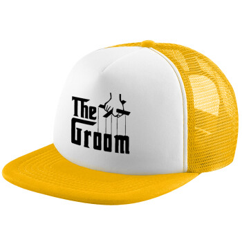 The Groom, Adult Soft Trucker Hat with Yellow/White Mesh (POLYESTER, ADULT, UNISEX, ONE SIZE)