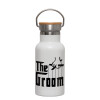 Metallic thermos (Stainless steel) White with wooden lid (bamboo), double-walled, 350ml