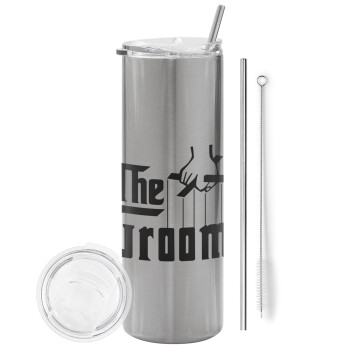 The Groom, Eco friendly ποτήρι θερμό Ασημένιο (tumbler) από ανοξείδωτο ατσάλι 600ml, με μεταλλικό καλαμάκι & βούρτσα καθαρισμού