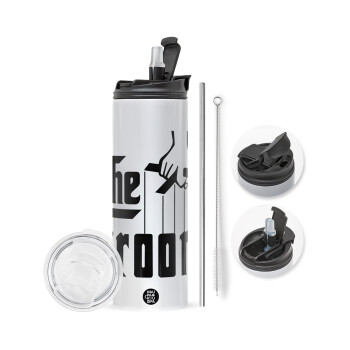 The Groom, Travel Tumbler 2 Lids, with metal straw & cleaning brush (Stainless steel 304 Food grade, BPA free, 600ml)