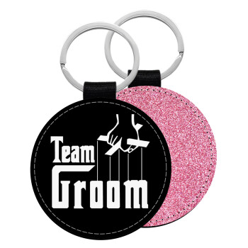 Team Groom, Μπρελόκ Δερματίνη, στρογγυλό ΡΟΖ (5cm)