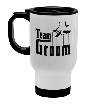 Team Groom, Stainless steel travel mug with lid, double wall white 450ml