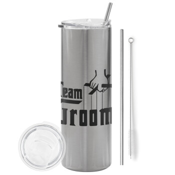 Team Groom, Tumbler ποτήρι θερμό Ασημένιο από ανοξείδωτο ατσάλι 600ml, με μεταλλικό καλαμάκι & βούρτσα καθαρισμού