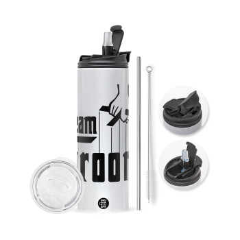 Team Groom, Travel Tumbler θερμό με διπλό καπάκι, μεταλλικό καλαμάκι και βούρτσα καθαρισμού (Ανωξείδωτο 304 Food grade, BPA free, 600ml)