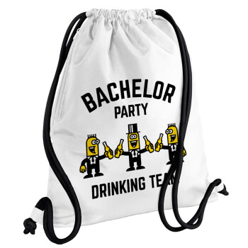 Bachelor Party Drinking Team, Backpack pouch GYMBAG white, with pocket (40x48cm) & thick cords