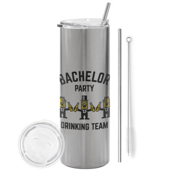 Bachelor Party Drinking Team, Tumbler ποτήρι θερμό Ασημένιο από ανοξείδωτο ατσάλι 600ml, με μεταλλικό καλαμάκι & βούρτσα καθαρισμού