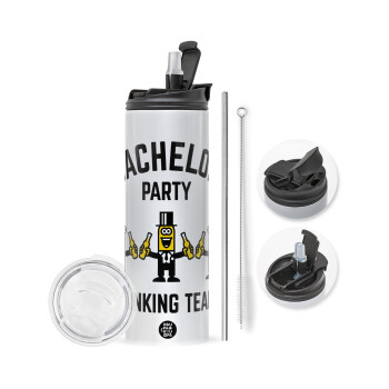 Bachelor Party Drinking Team, Travel Tumbler θερμό με διπλό καπάκι, μεταλλικό καλαμάκι και βούρτσα καθαρισμού (Ανωξείδωτο 304 Food grade, BPA free, 600ml)