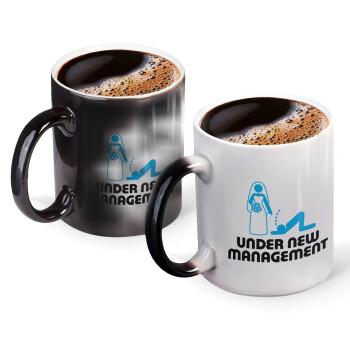 Under new Management, Color changing magic Mug, ceramic, 330ml when adding hot liquid inside, the black colour desappears (1 pcs)