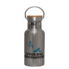 Stainless steel metallic thermos flask, silver with a bamboo lid, double-walled, 350ml.