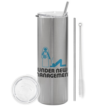 Under new Management, Tumbler stainless steel Silver 600ml, with metal straw & cleaning brush