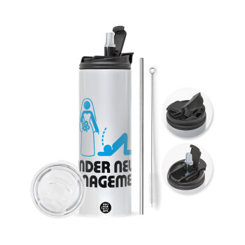 Under new Management, Travel Tumbler 2 Lids, with metal straw & cleaning brush (Stainless steel 304 Food grade, BPA free, 600ml)