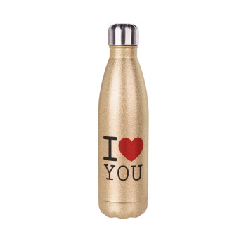 I Love you classic, Μεταλλικό παγούρι θερμός Glitter χρυσό (Stainless steel), διπλού τοιχώματος, 500ml