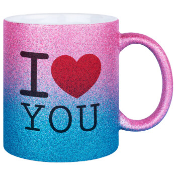 I Love you classic, Κούπα Χρυσή/Μπλε Glitter, κεραμική, 330ml