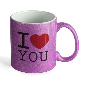 I Love you classic, Κούπα Μωβ Glitter που γυαλίζει, κεραμική, 330ml