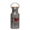 Stainless steel metallic thermos flask, silver with a bamboo lid, double-walled, 350ml.