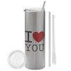 Eco friendly stainless steel Silver tumbler 600ml, with metal straw & cleaning brush