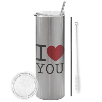 I Love you classic, Eco friendly ποτήρι θερμό Ασημένιο (tumbler) από ανοξείδωτο ατσάλι 600ml, με μεταλλικό καλαμάκι & βούρτσα καθαρισμού