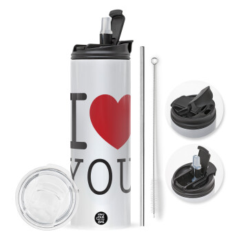 I Love you classic, Travel Tumbler θερμό με διπλό καπάκι, μεταλλικό καλαμάκι και βούρτσα καθαρισμού (Ανωξείδωτο 304 Food grade, BPA free, 600ml)