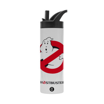 Ghostbusters, Μεταλλικό παγούρι θερμός με καλαμάκι & χειρολαβή, ανοξείδωτο ατσάλι (Stainless steel 304), διπλού τοιχώματος, 600ml