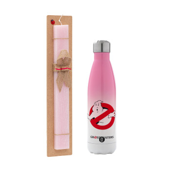 Ghostbusters, Easter Set, Metallic pink/white (Stainless steel) thermos, double-walled, 500ml & aromatic flat Easter candle (30cm) (PINK)