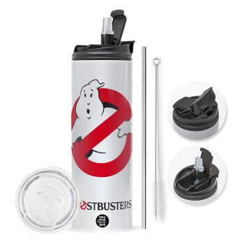 Ghostbusters, Travel Tumbler θερμό με διπλό καπάκι, μεταλλικό καλαμάκι και βούρτσα καθαρισμού (Ανωξείδωτο 304 Food grade, BPA free, 600ml)