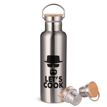 Let's cook, Μεταλλικό παγούρι θερμός (Stainless steel) Ασημένιο με ξύλινο καπακι (bamboo), διπλού τοιχώματος, 750ml