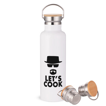 Let's cook, Μεταλλικό παγούρι θερμός (Stainless steel) Λευκό με ξύλινο καπακι (bamboo), διπλού τοιχώματος, 750ml