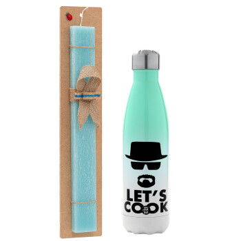 Let's cook, Easter Set, Metallic green/white thermos (Stainless steel), double-walled, 500ml & scented flat Easter candle (30cm) (TURQUOISE)