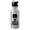 Water bottle Silver with straw, stainless steel 600ml