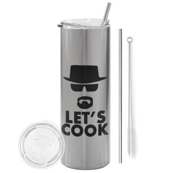 Let's cook, Eco friendly ποτήρι θερμό Ασημένιο (tumbler) από ανοξείδωτο ατσάλι 600ml, με μεταλλικό καλαμάκι & βούρτσα καθαρισμού