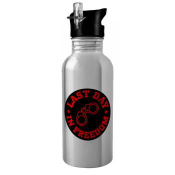 Last day in freedom, Water bottle Silver with straw, stainless steel 600ml