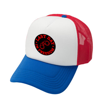 Last day in freedom, Adult Soft Trucker Hat with Red/Blue/White Mesh (POLYESTER, ADULT, UNISEX, ONE SIZE)