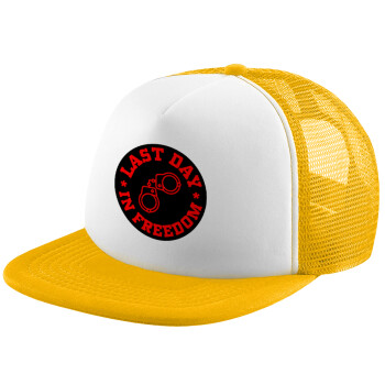 Last day in freedom, Adult Soft Trucker Hat with Yellow/White Mesh (POLYESTER, ADULT, UNISEX, ONE SIZE)