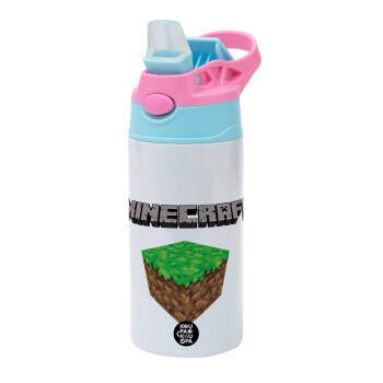 Minecraft dirt, Children's hot water bottle, stainless steel, with safety straw, Pink/BlueCiel (360ml) BPA FREE