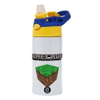 Minecraft dirt, Children's hot water bottle, stainless steel, with safety straw, green, blue (360ml) BPA FREE