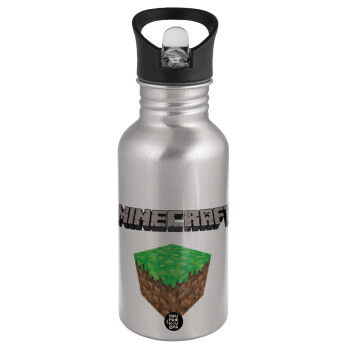 Minecraft dirt, Water bottle Silver with straw, stainless steel 500ml