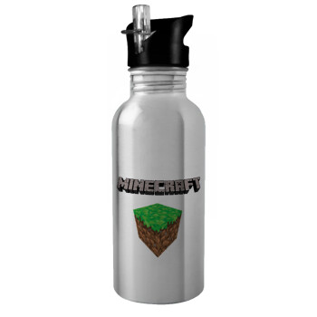 Minecraft dirt, Water bottle Silver with straw, stainless steel 600ml