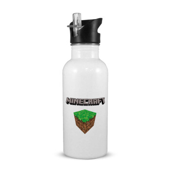 Minecraft dirt, White water bottle with straw, stainless steel 600ml