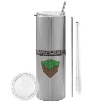 Minecraft dirt, Eco friendly stainless steel Silver tumbler 600ml, with metal straw & cleaning brush