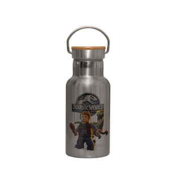 Jurassic world, Stainless steel metallic thermos flask, silver with a bamboo lid, double-walled, 350ml.