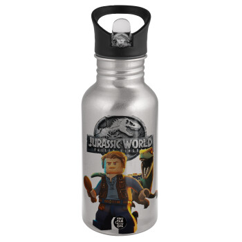 Jurassic world, Water bottle Silver with straw, stainless steel 500ml