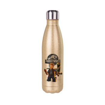 Jurassic world, Glitter gold stainless steel thermos bottle, double-walled, 500ml