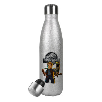 Jurassic world, Metallic Glitter Silver Thermos Flask (Stainless steel), double-walled, 500ml