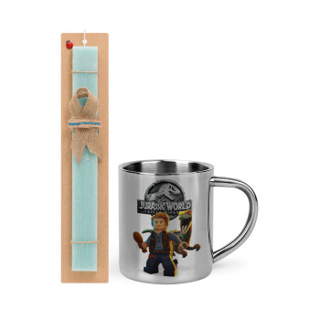 Jurassic world, Easter Set, metallic thermal cup (300ml) & aromatic flat Easter candle (30cm) (TURQUOISE)