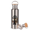 Stainless steel Silver with wooden lid (bamboo), double wall, 750ml