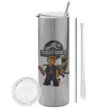 Jurassic world, Tumbler stainless steel Silver 600ml, with metal straw & cleaning brush