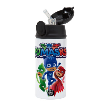 PJ masks, Children's hot water bottle, stainless steel, with safety straw, Black (360ml) BPA-FREE